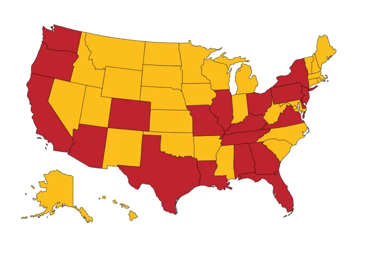 Map of the United States showing the states where The Dog Stop has locations, highlighted in red.